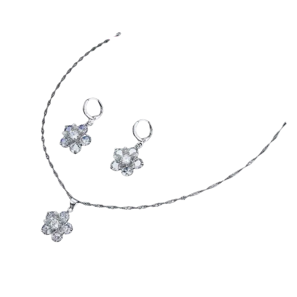 Silver floral cz bridal jewelry set featuring crystal-encrusted blossoms pendant necklace and matching earrings with twisted chain
