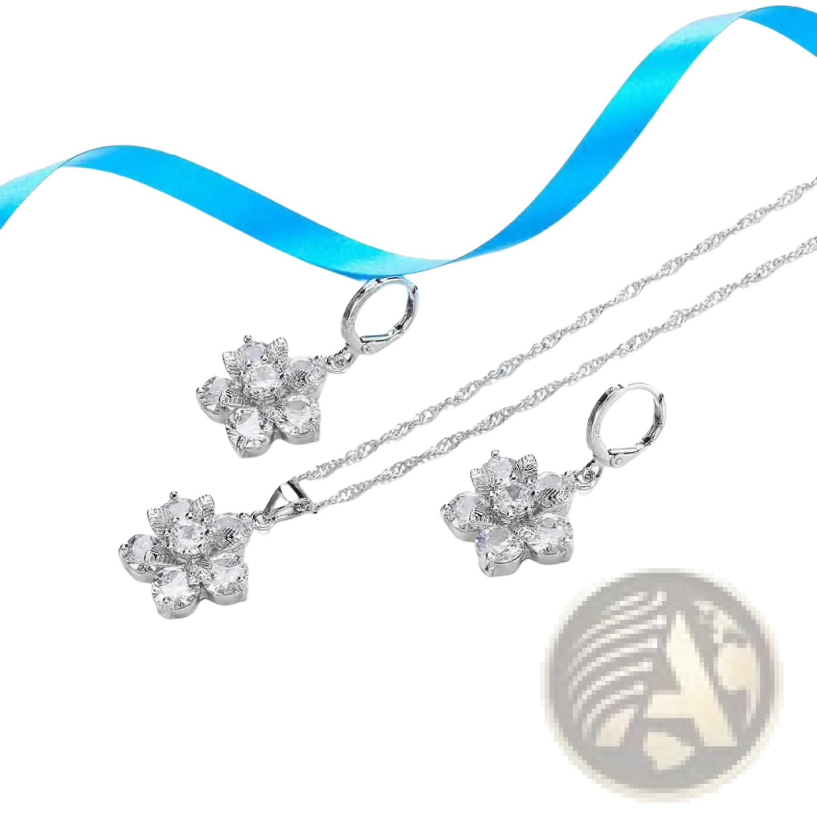 Silver floral cz bridal jewelry set featuring silver pendant necklace and matching earrings with clear crystal stones
