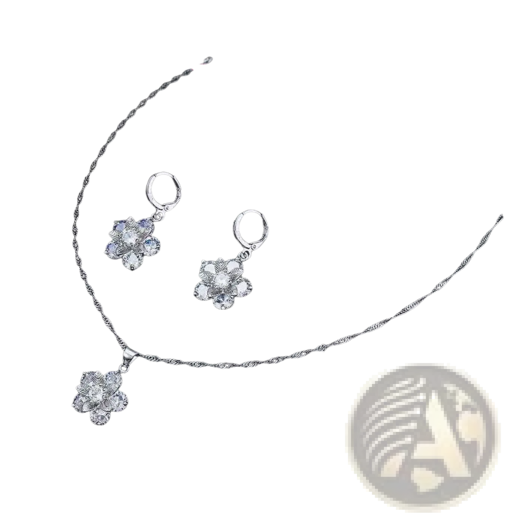 Silver floral cz bridal jewelry set featuring crystal-encrusted blossoms pendant necklace and matching earrings with twisted chain