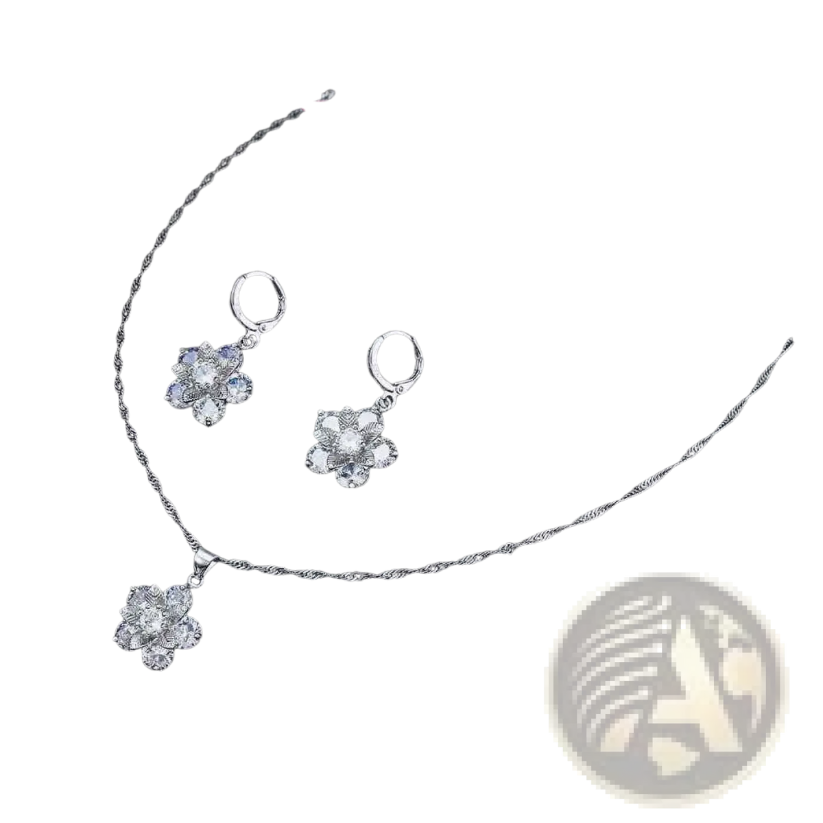 Silver floral cz bridal jewelry set featuring crystal-encrusted blossoms pendant necklace and matching earrings with twisted chain