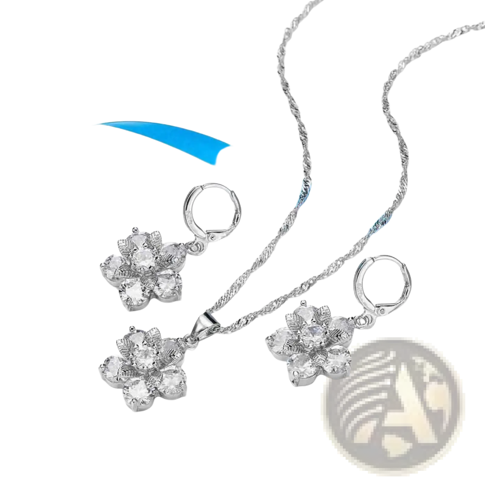 Silver floral cz bridal jewelry set by yameli featuring silver pendant necklace and matching earrings with clear crystals