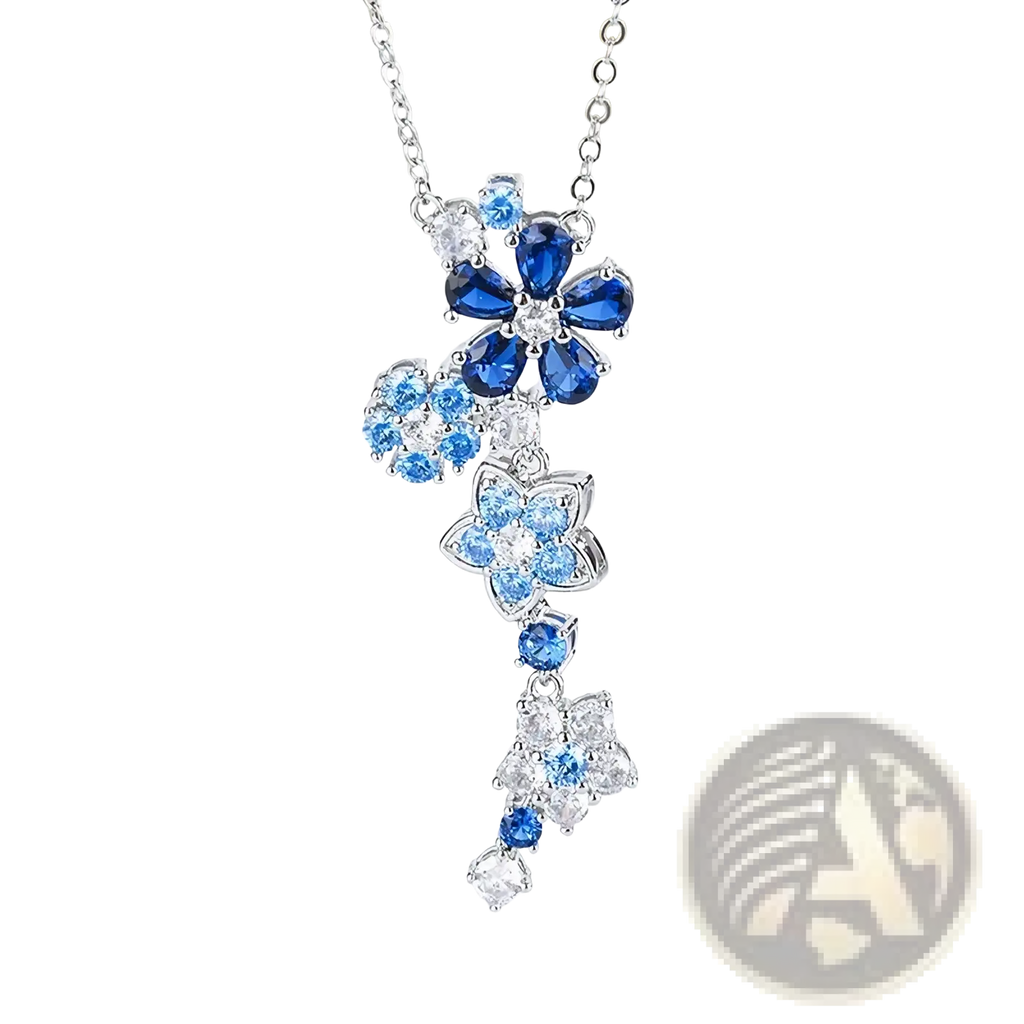 Silver flower zircon necklace bracelet set featuring a delicate silver necklace with cascading blue and clear gemstones