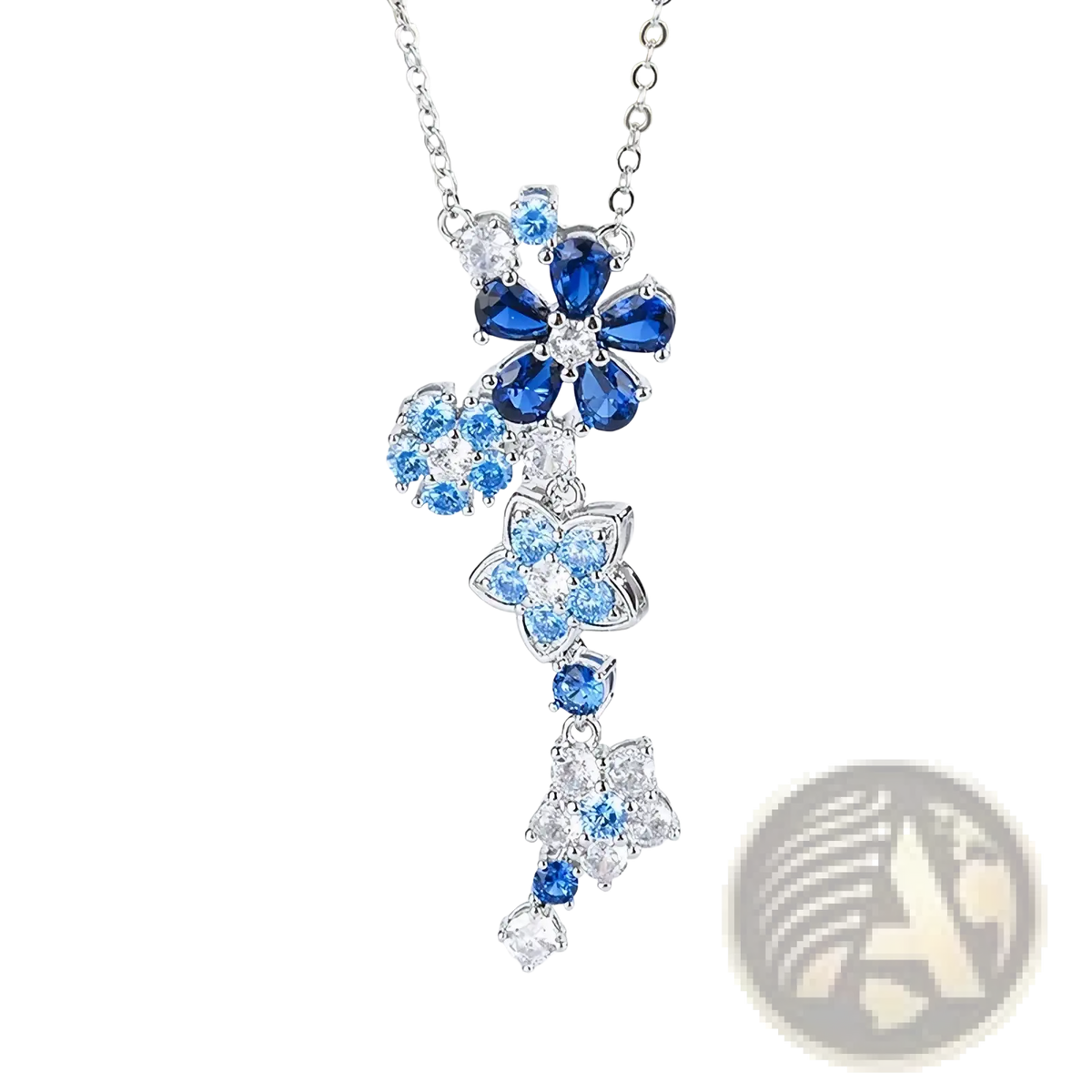 Silver flower zircon necklace bracelet set featuring a delicate silver necklace with cascading blue and clear gemstones