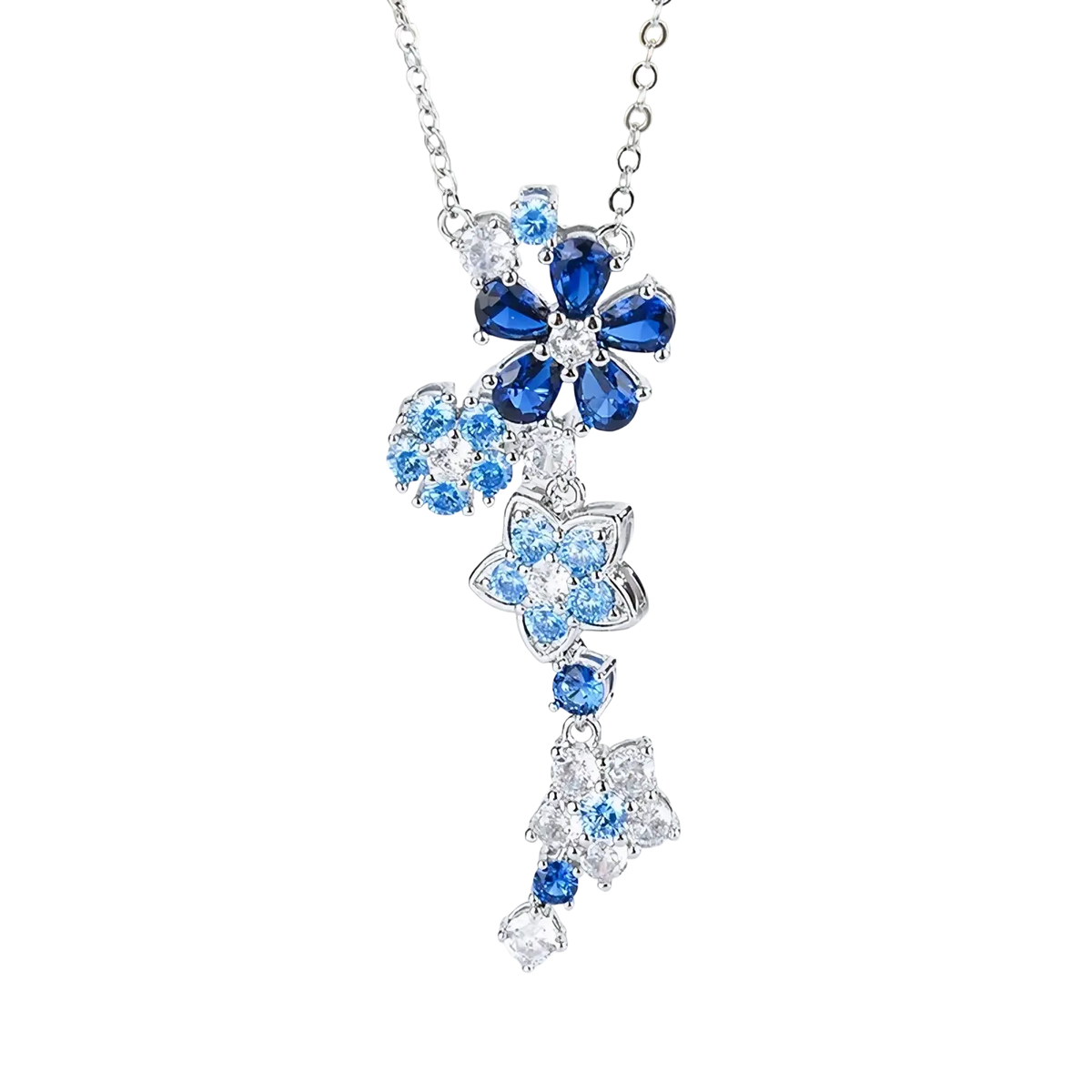 Silver flower zircon necklace bracelet set featuring a delicate silver necklace with cascading blue and clear gemstones