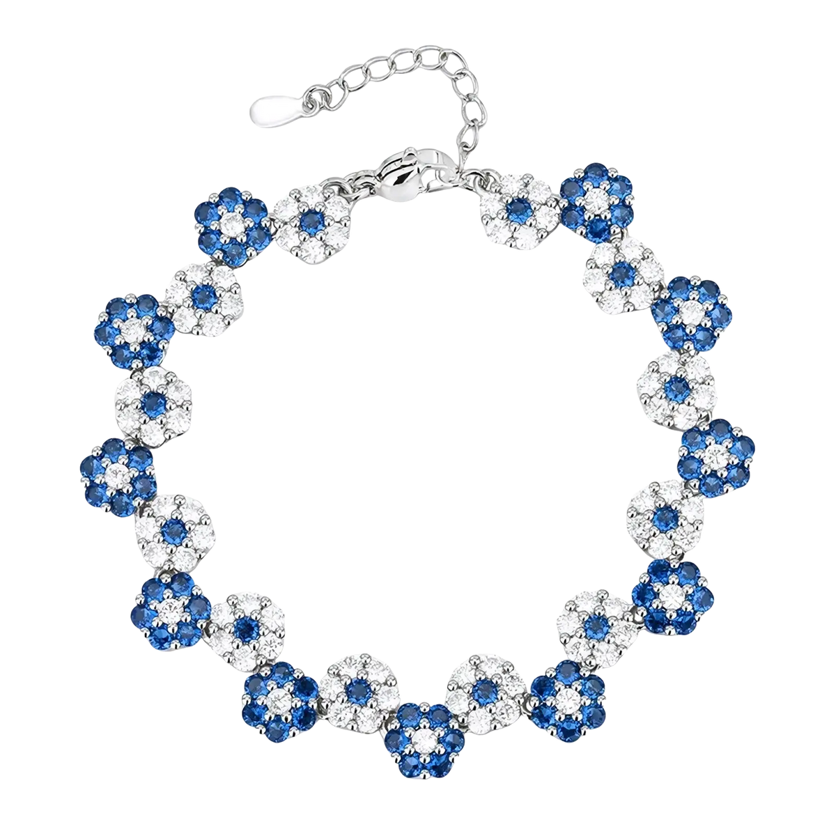 A delicate silver bracelet with alternating blue and clear gemstone flower clusters from the silver flower zircon set