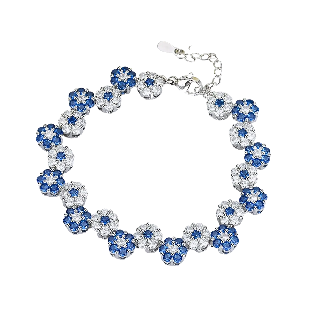 Elegant silver bracelet from silver flower zircon necklace bracelet set adorned with alternating blue and clear crystal flowers