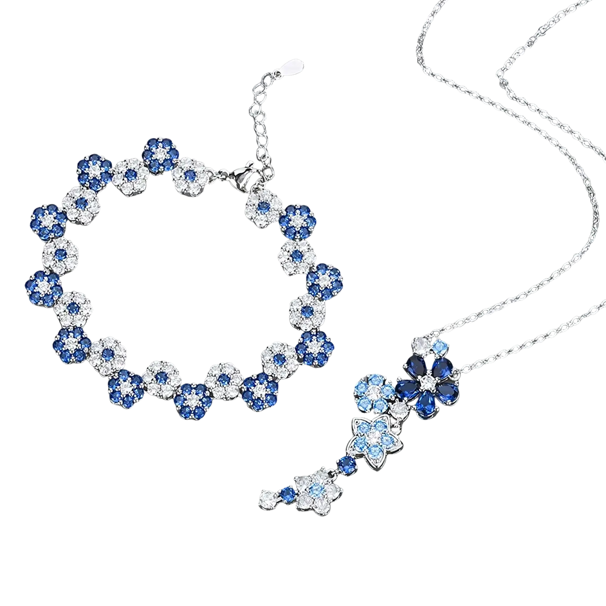 Silver flower zircon necklace and bracelet set with elegant blue and white crystal-encrusted floral design on silver chains