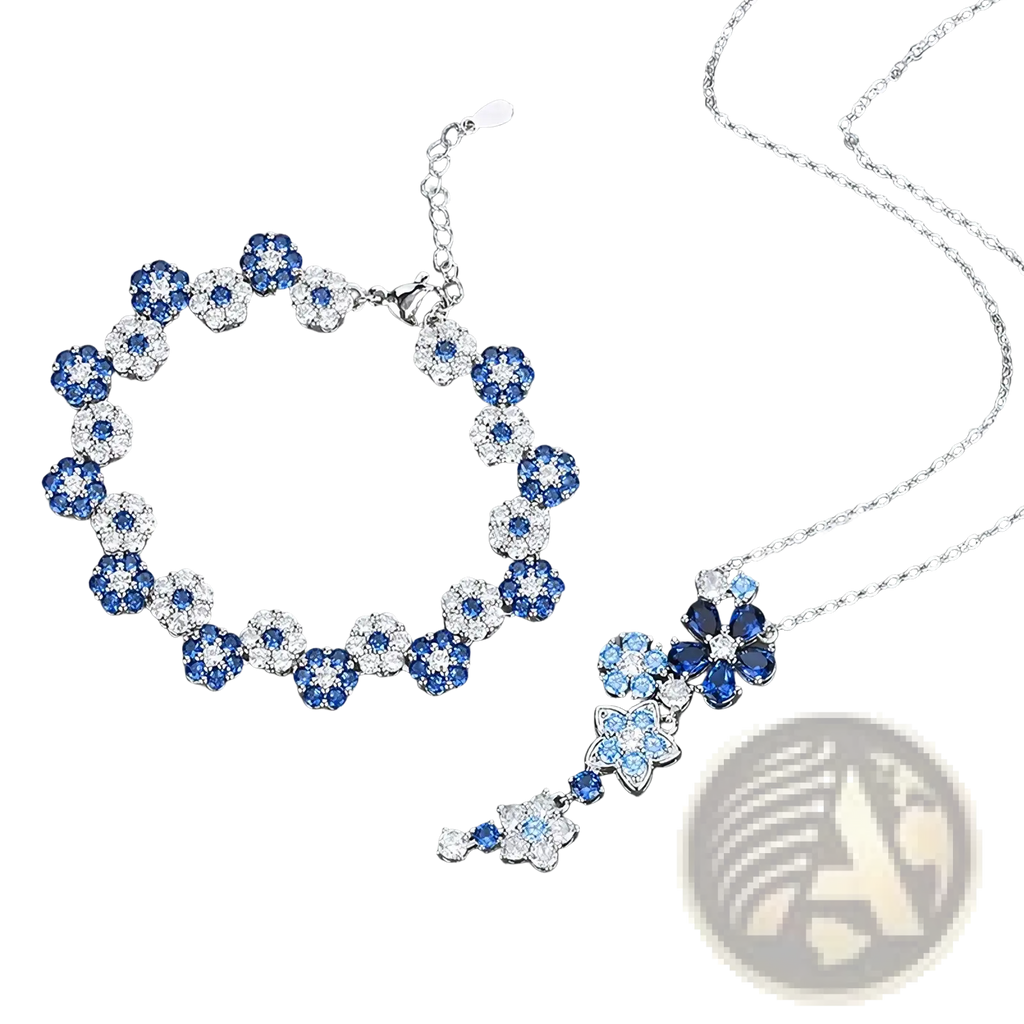 Silver flower zircon necklace and bracelet set with elegant blue and white crystal-encrusted floral design on silver chains