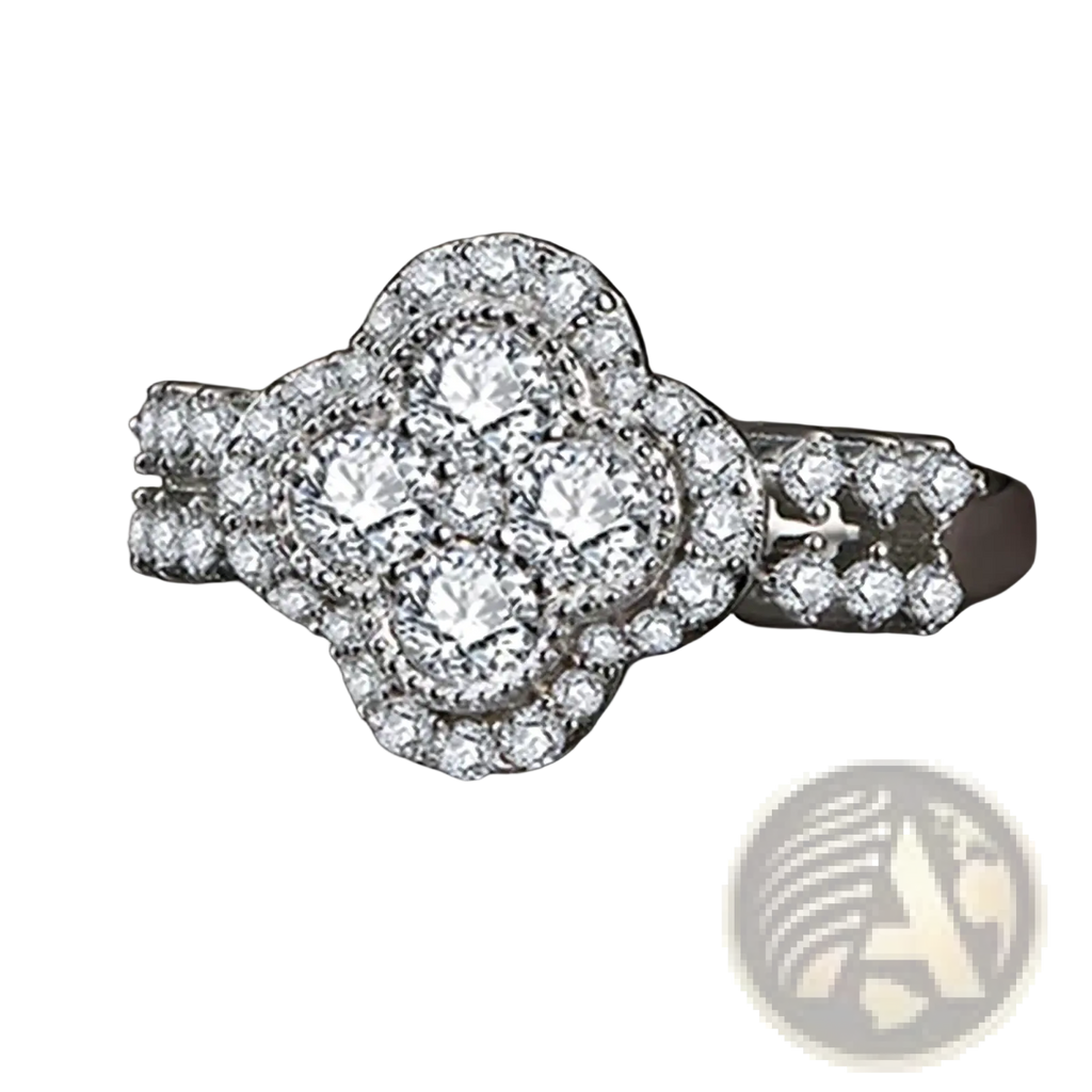 Silver four leaf clover diamond ring featuring a sparkling four-petal flower design with clear cubic zirconia stones