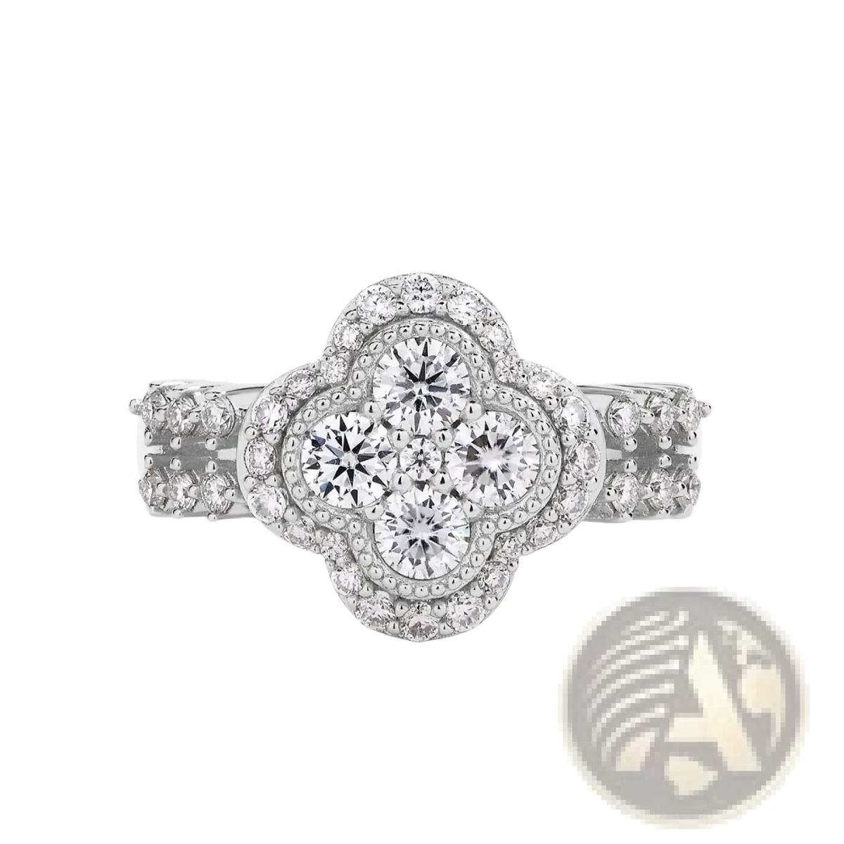 Silver four leaf clover diamond ring featuring a white gold quatrefoil design with five central stones and smaller diamonds