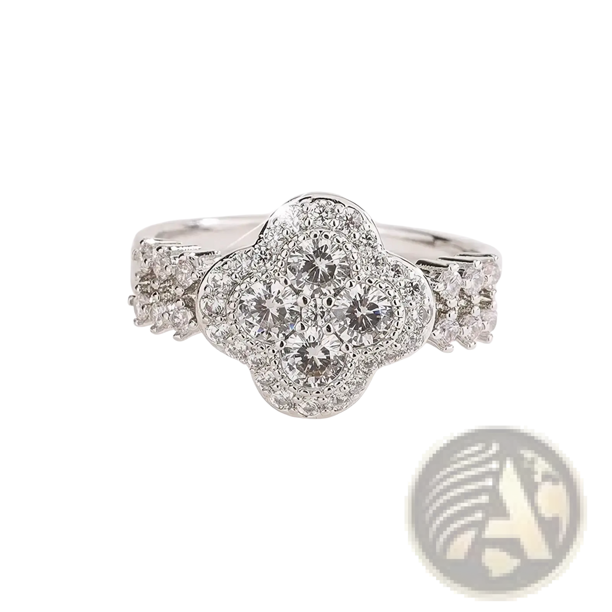 Silver four leaf clover ring sparkling with clear cubic zirconia stones in a silver setting