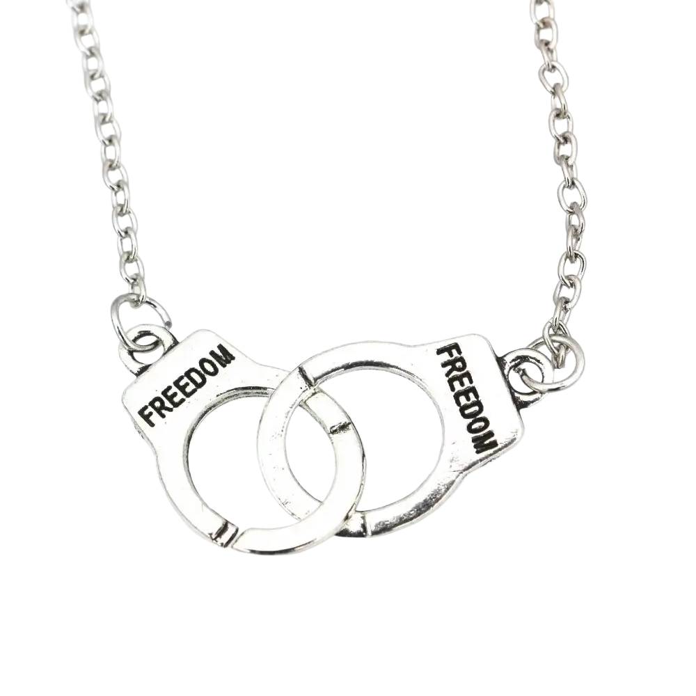 Silver handcuff necklace with freedom engraved on each cuff fashion jewelry necklace in silver material