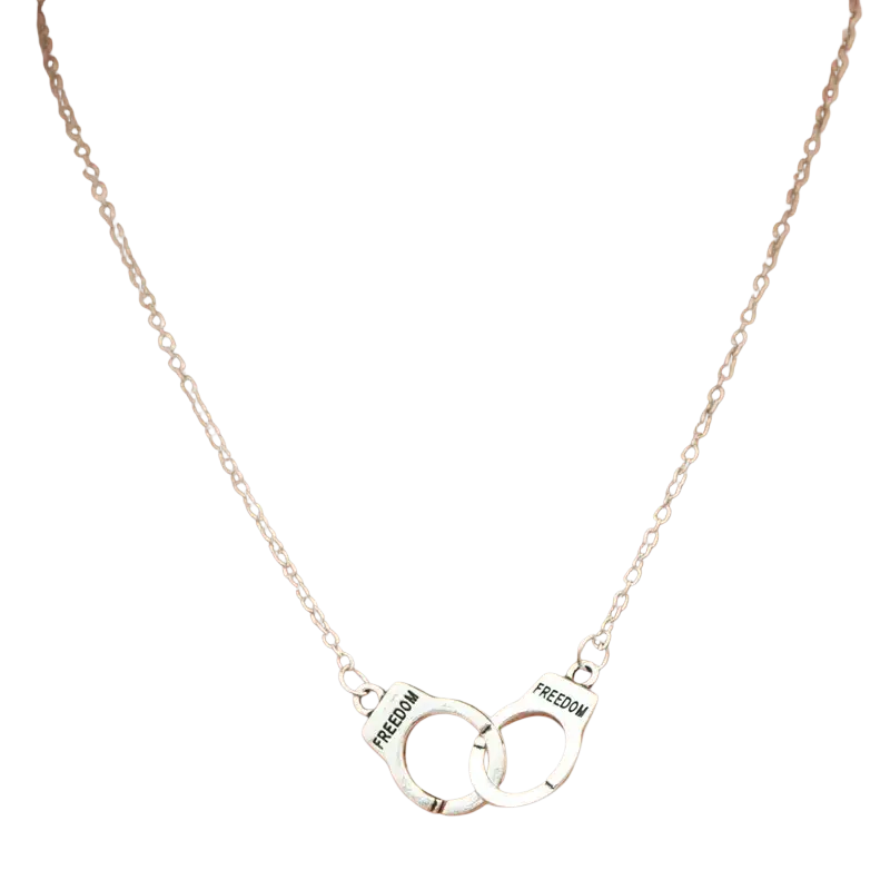 Silver handcuff freedom pendant necklace fashion jewelry with freedom engraved on each cuff in silver tone