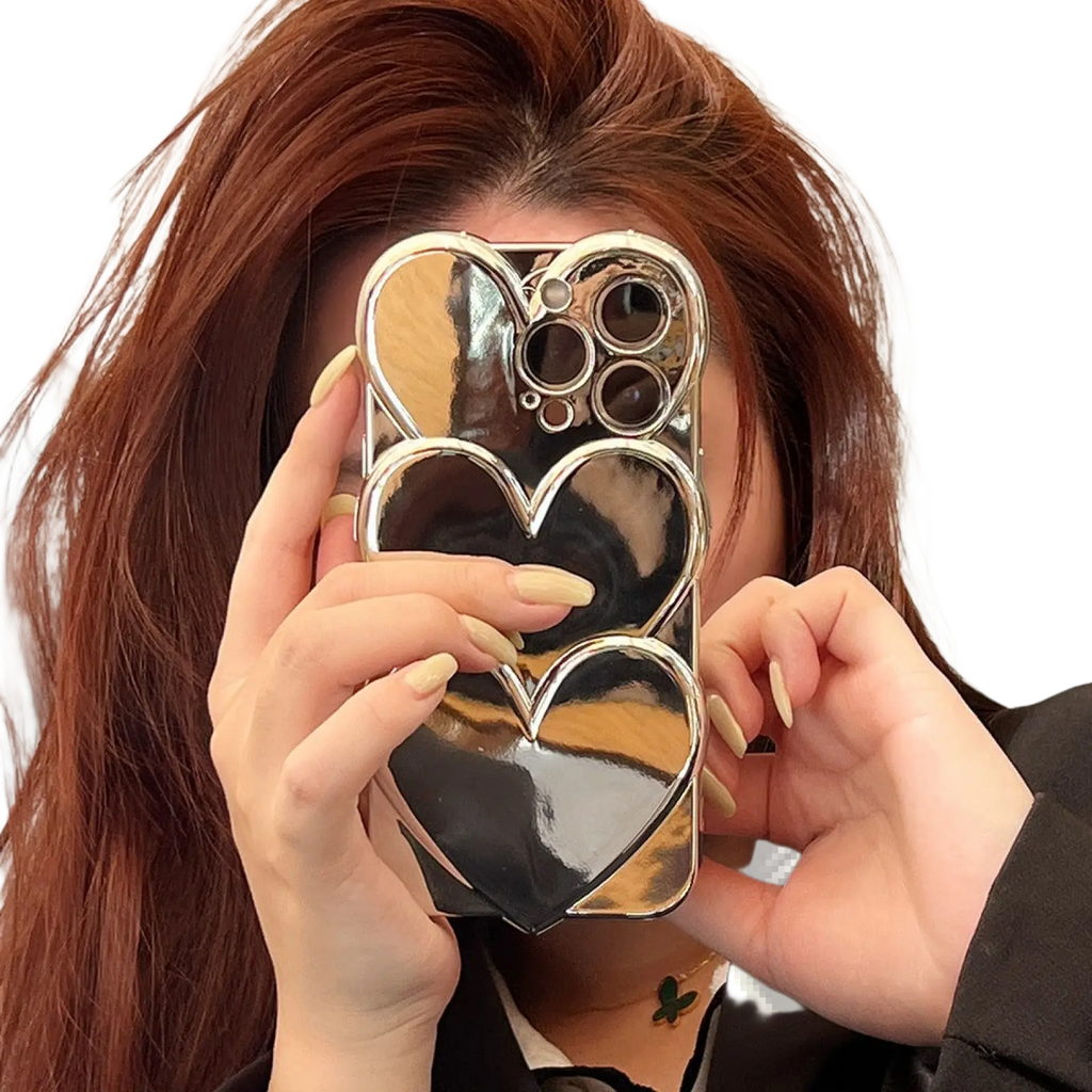 Back side of a shiny silver heart electroplating iphone case with reflective glossy finish and wrist strap