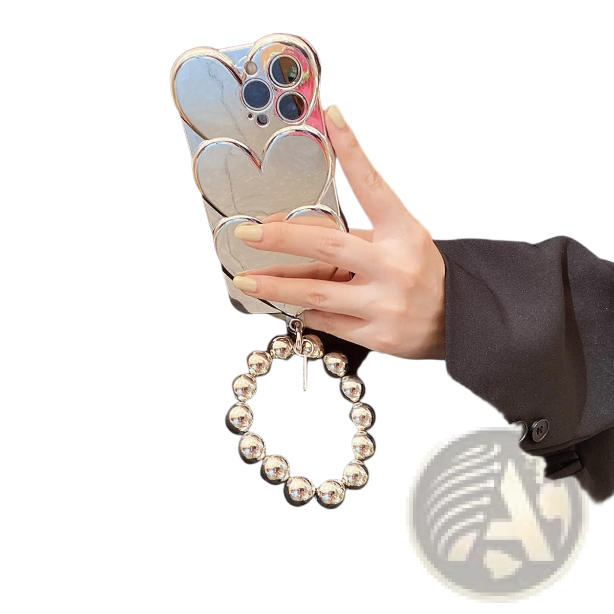 A reflective silver electroplating heart-shaped iphone case with a beaded chain wrist strap showing the back side