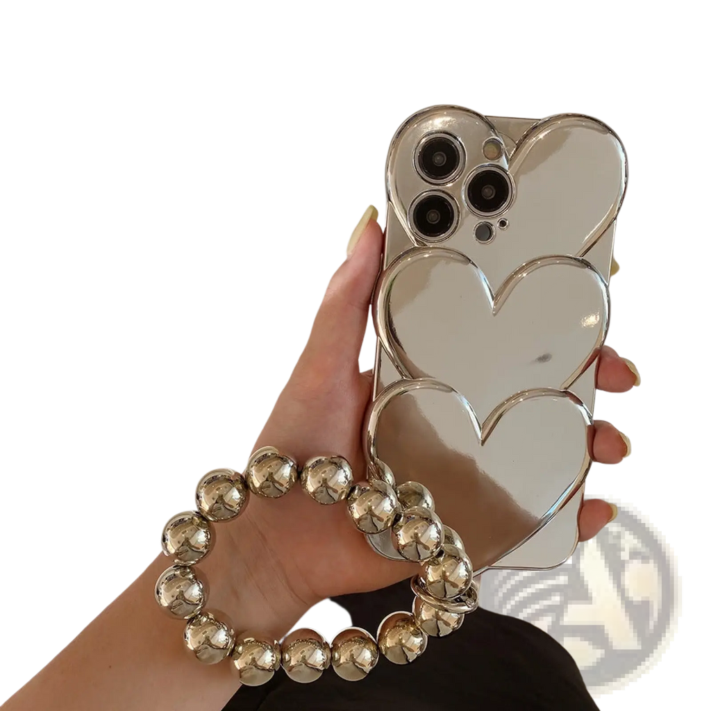 Silver heart electroplating iPhone case back with three overlapping heart mirrors and matching beaded wrist strap