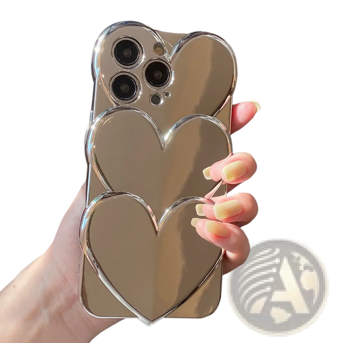 Silver heart electroplating iphone case back side with shiny metallic finish and three overlapping heart-shaped mirrors and wrist strap
