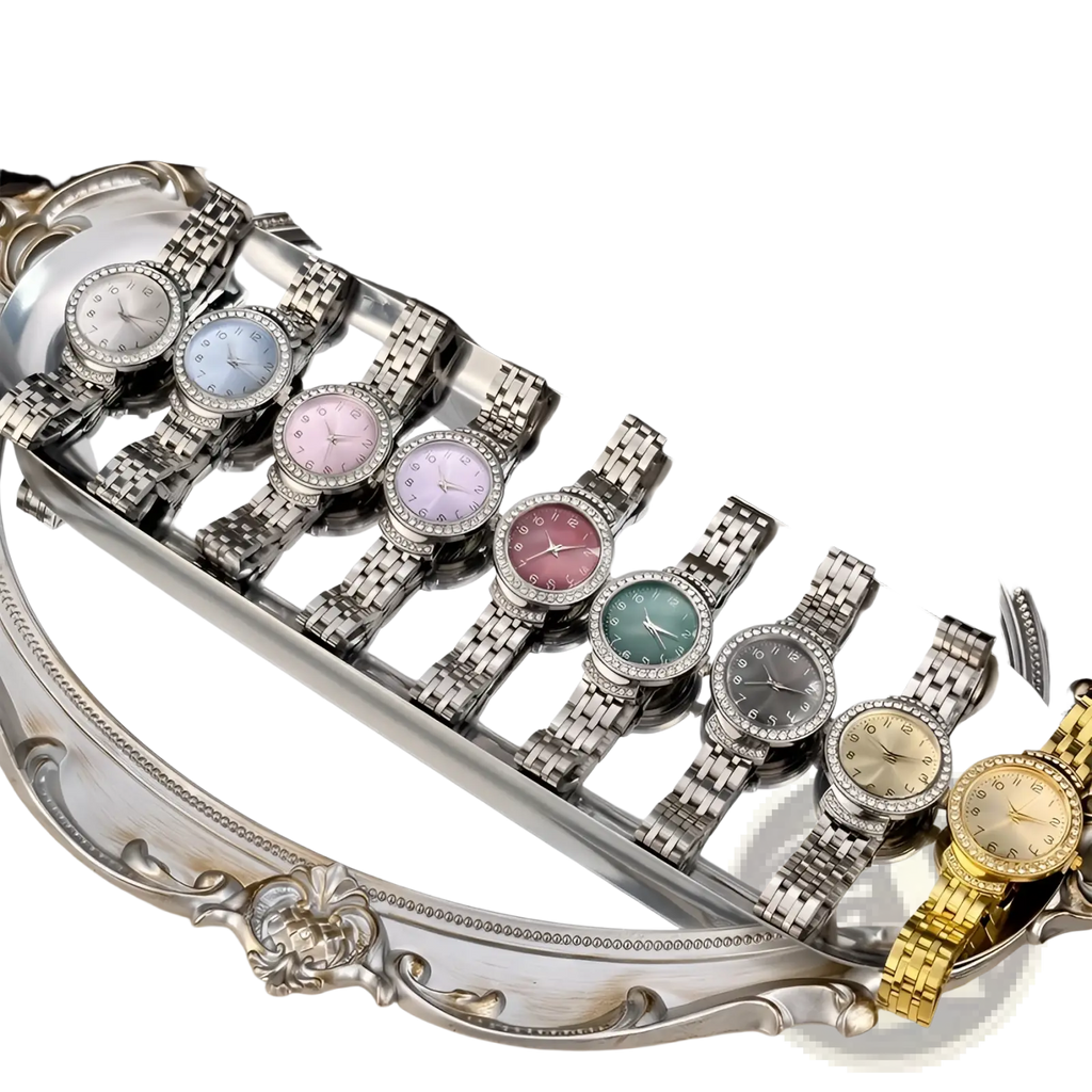 Silver ladies watch oversized dial stainless steel band with diamond-studded bezel and colorful faces including pink and blue