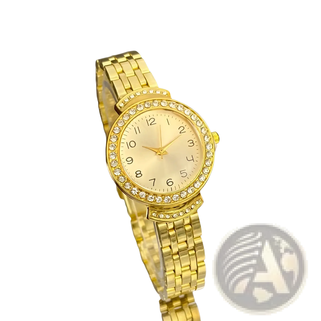 Silver ladies watch with oversized cream dial and gold-tone diamond-encrusted stainless steel polished band