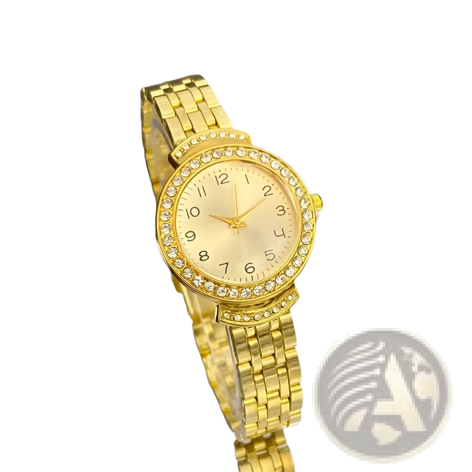 Silver ladies watch with oversized cream dial and gold-tone diamond-encrusted stainless steel polished band