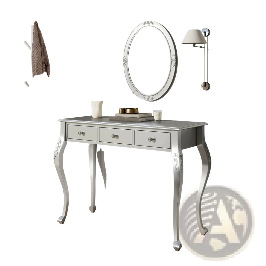 Silver makeup vanity desk with oval mirror features a silver console table with ornate curved legs and three drawers with knobs