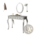 Silver makeup vanity desk with oval mirror features a silver console table with ornate curved legs and three drawers with knobs