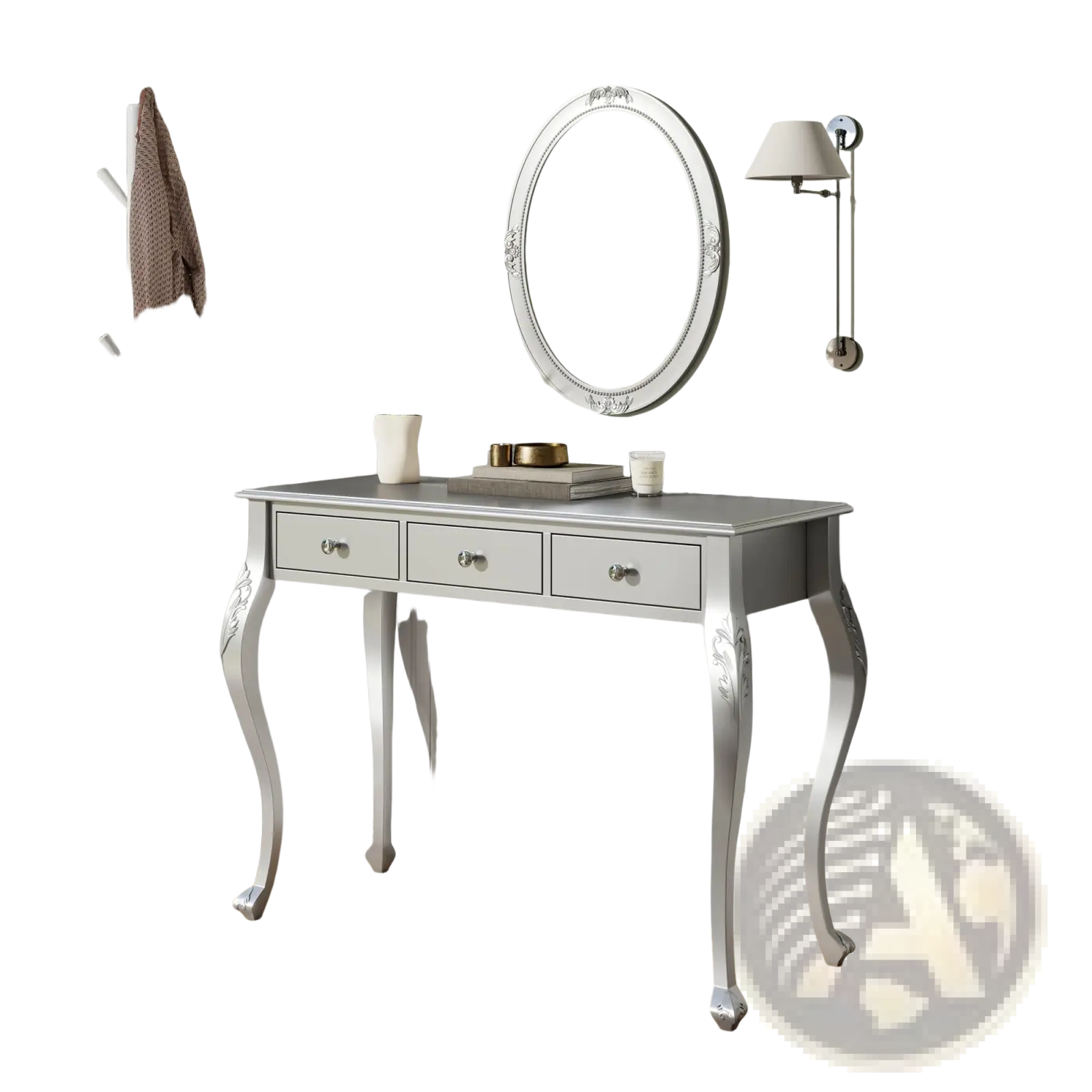 Silver makeup vanity desk with oval mirror features a silver console table with ornate curved legs and three drawers with knobs