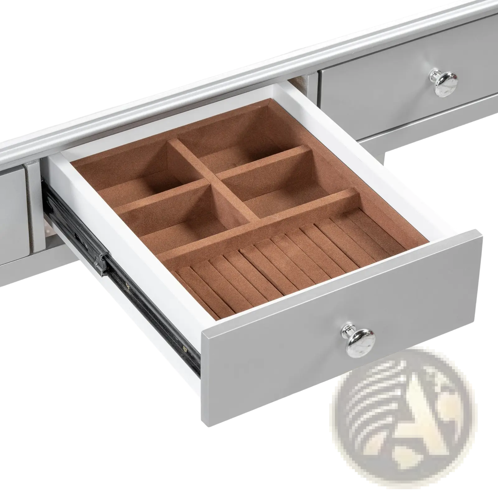 Gray vanity drawer with white interior and brown wooden compartments in silver makeup vanity desk with oval mirror and 3 drawers