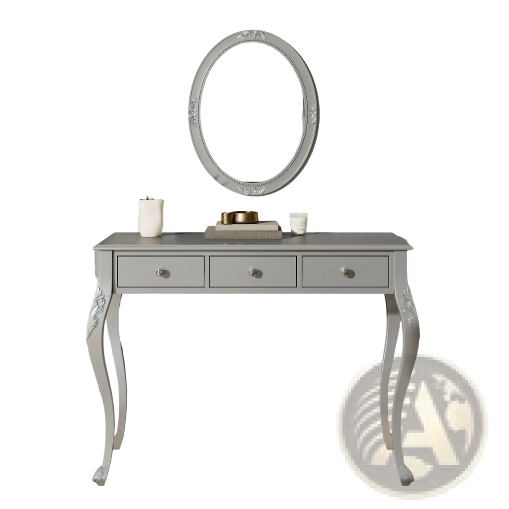 Gray console table with three drawers and ornate curved legs featured as part of silver makeup vanity desk with oval mirror