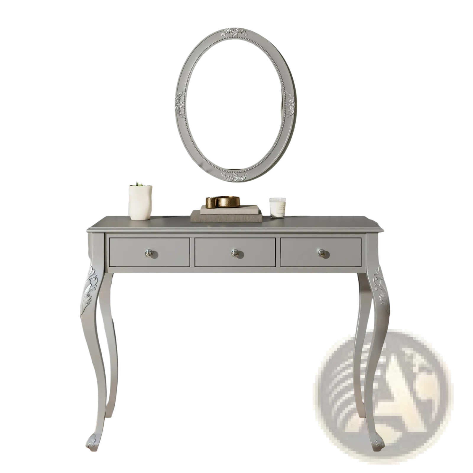 Gray console table with three drawers and ornate curved legs featured as part of silver makeup vanity desk with oval mirror