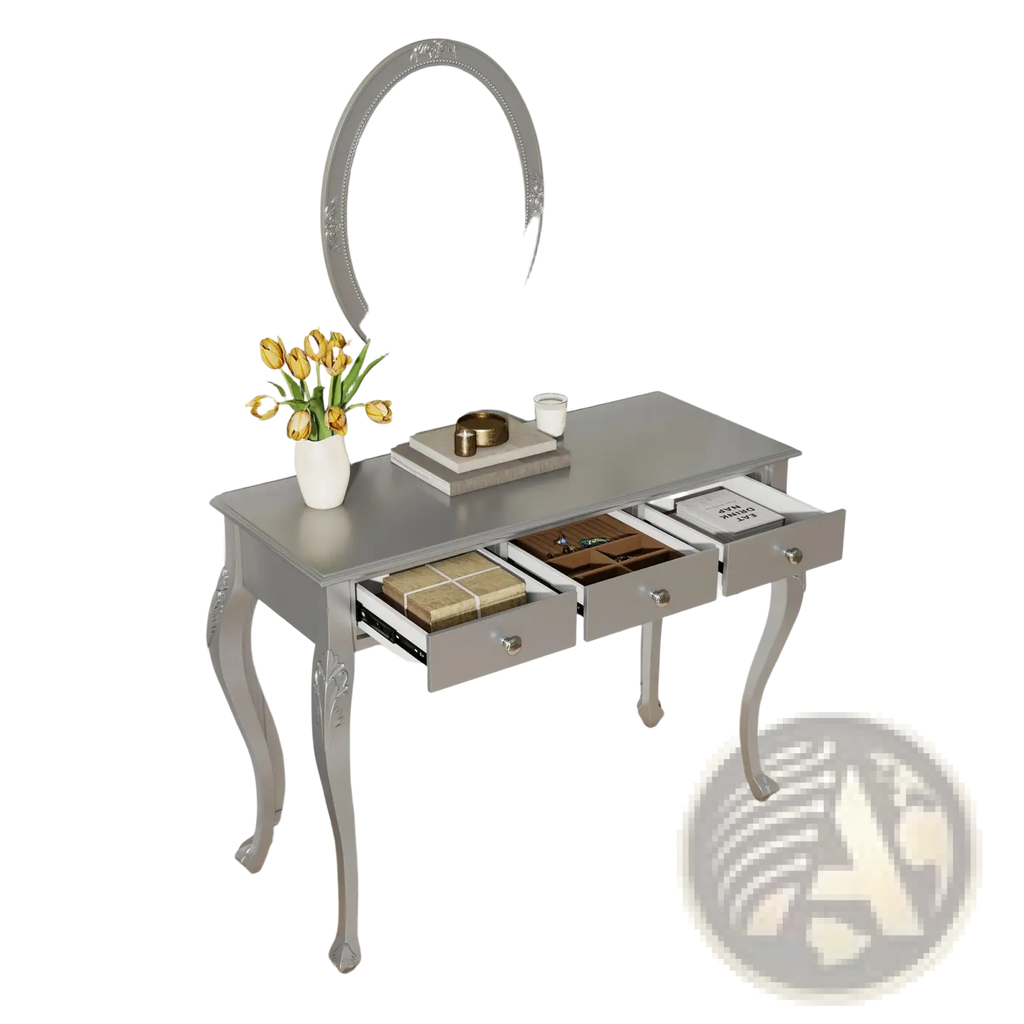Silver makeup vanity desk with oval mirror and gray console table featuring ornate curved legs and three drawers