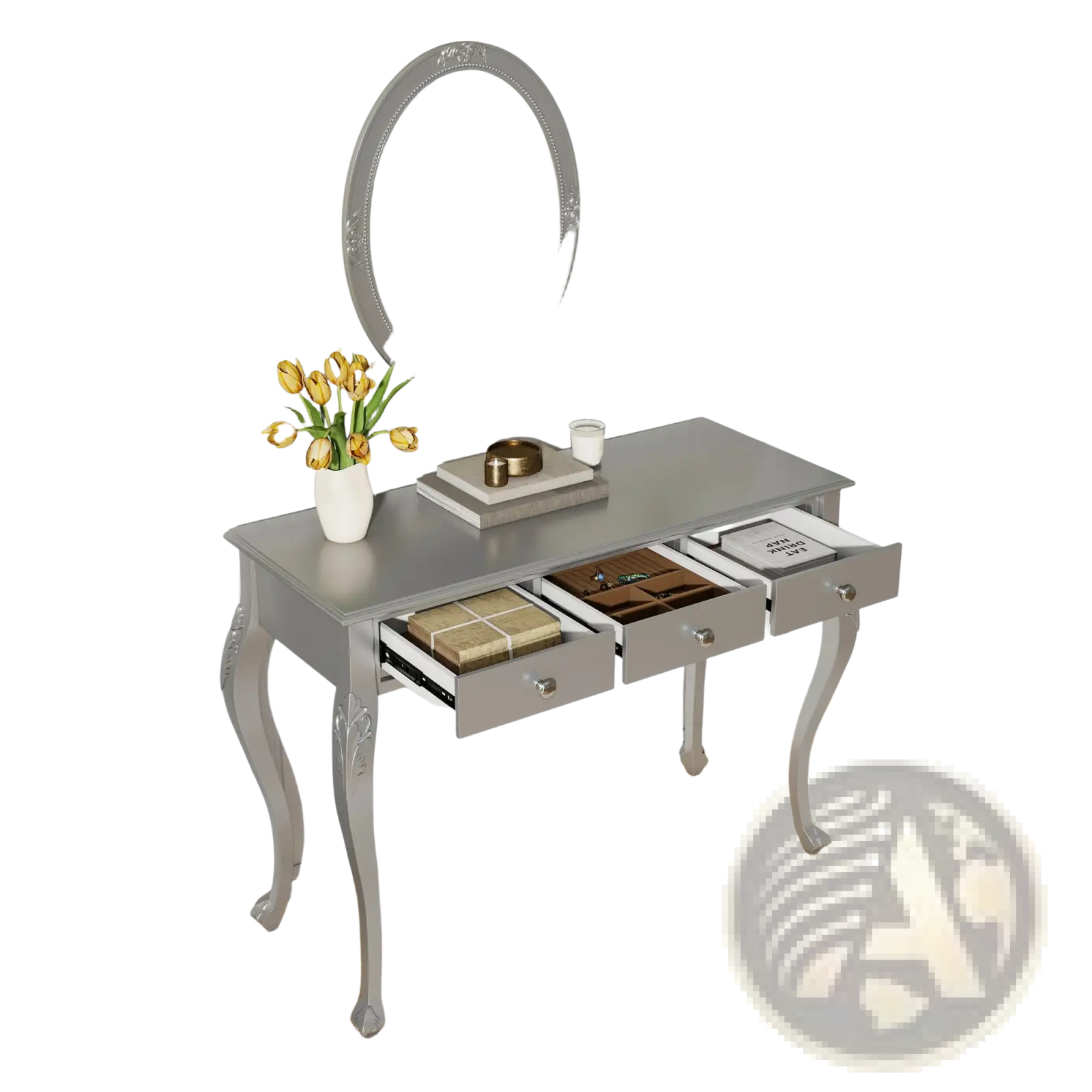 Silver makeup vanity desk with oval mirror and gray console table featuring ornate curved legs and three drawers