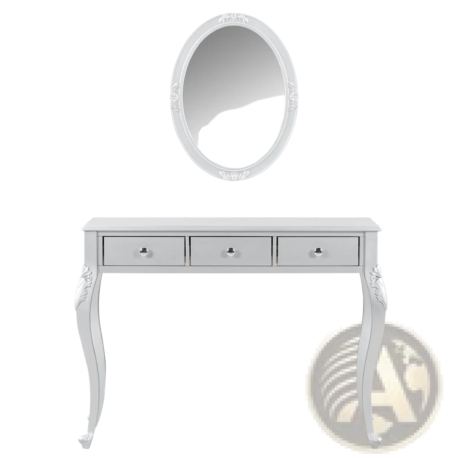 White ornate silver makeup vanity desk with oval mirror and three drawers for elegant bedroom storage and use
