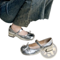 Silver mary jane flats featuring metallic material with bow and star embellishments for stylish wear