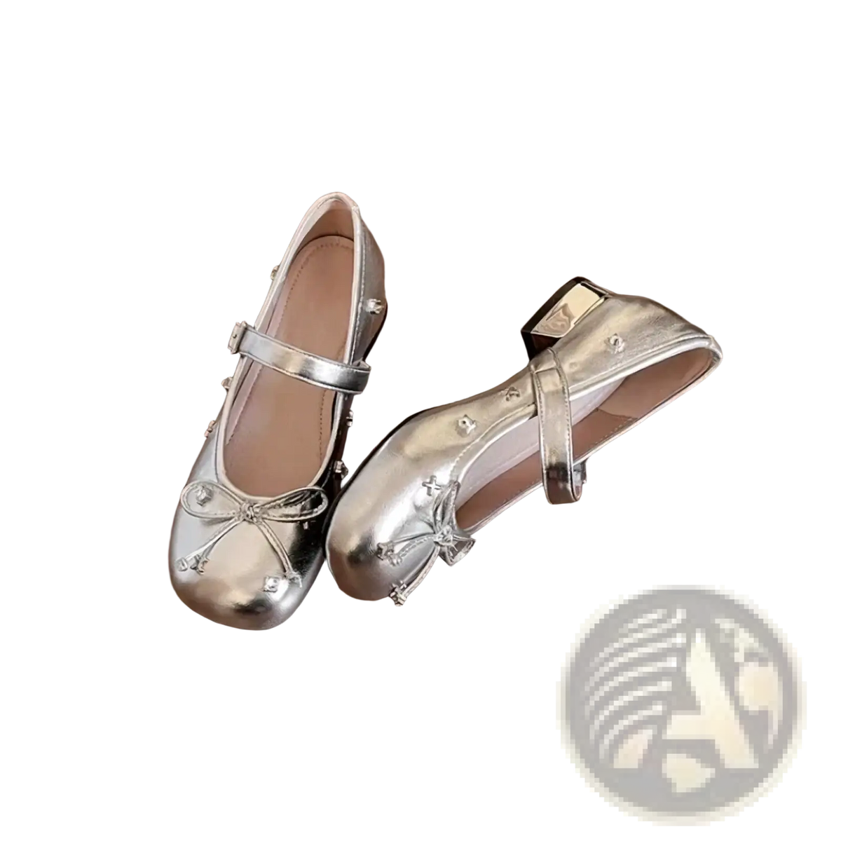 Silver metallic mary jane flats with a bow and rhinestone embellishments for stylish and elegant wear