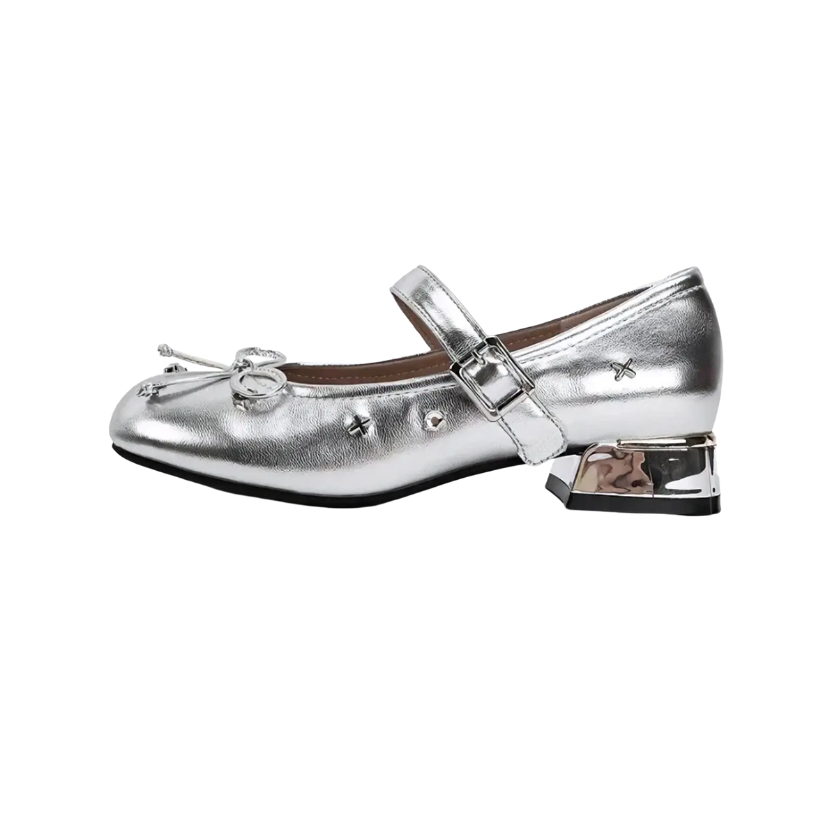 Silver metallic mary jane flats with buckle strap, decorative bow at toe, and chunky block heel