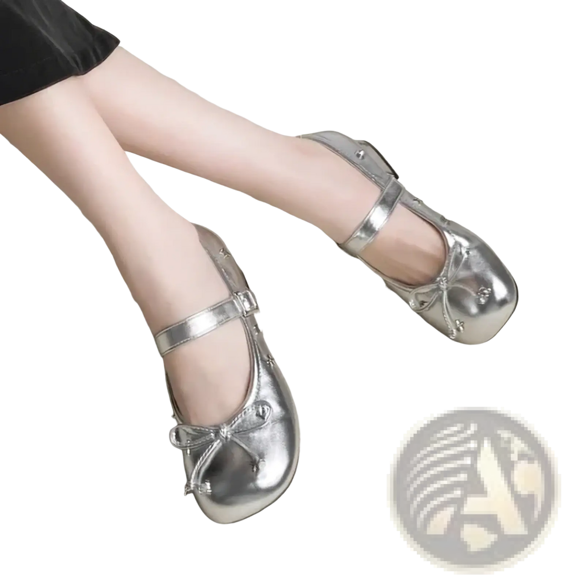 Silver mary jane bow flats featuring shiny silver platform with bow and studded leather details
