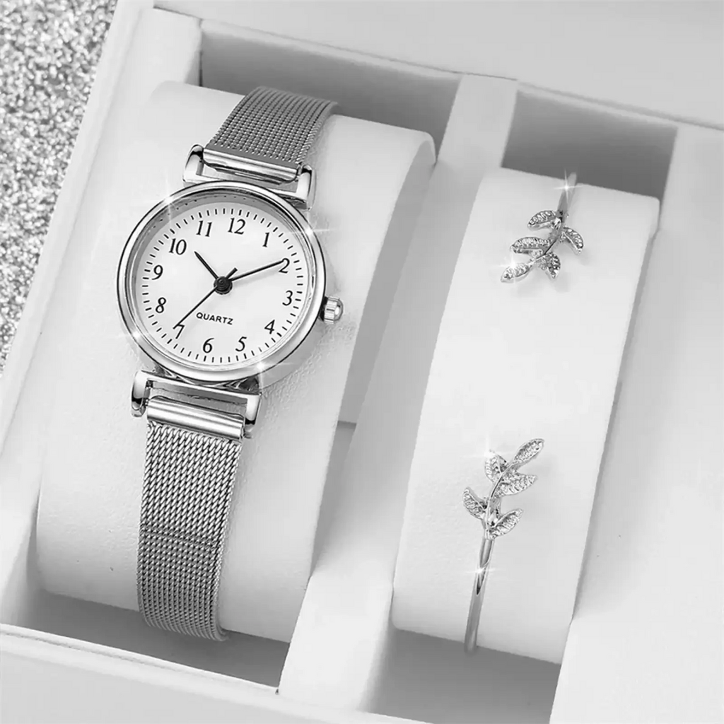 Silver mesh women quartz watch with simple white dial and black numerals featuring a sleek stainless steel strap