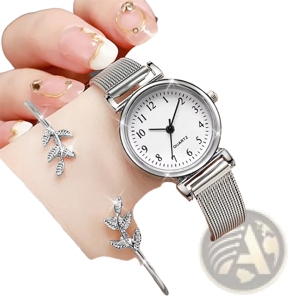 Silver mesh women quartz watch with simple white dial and black numerals on a metal strap for elegant use