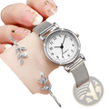 Silver mesh women quartz watch with simple white dial and black numerals on a metal strap for elegant use