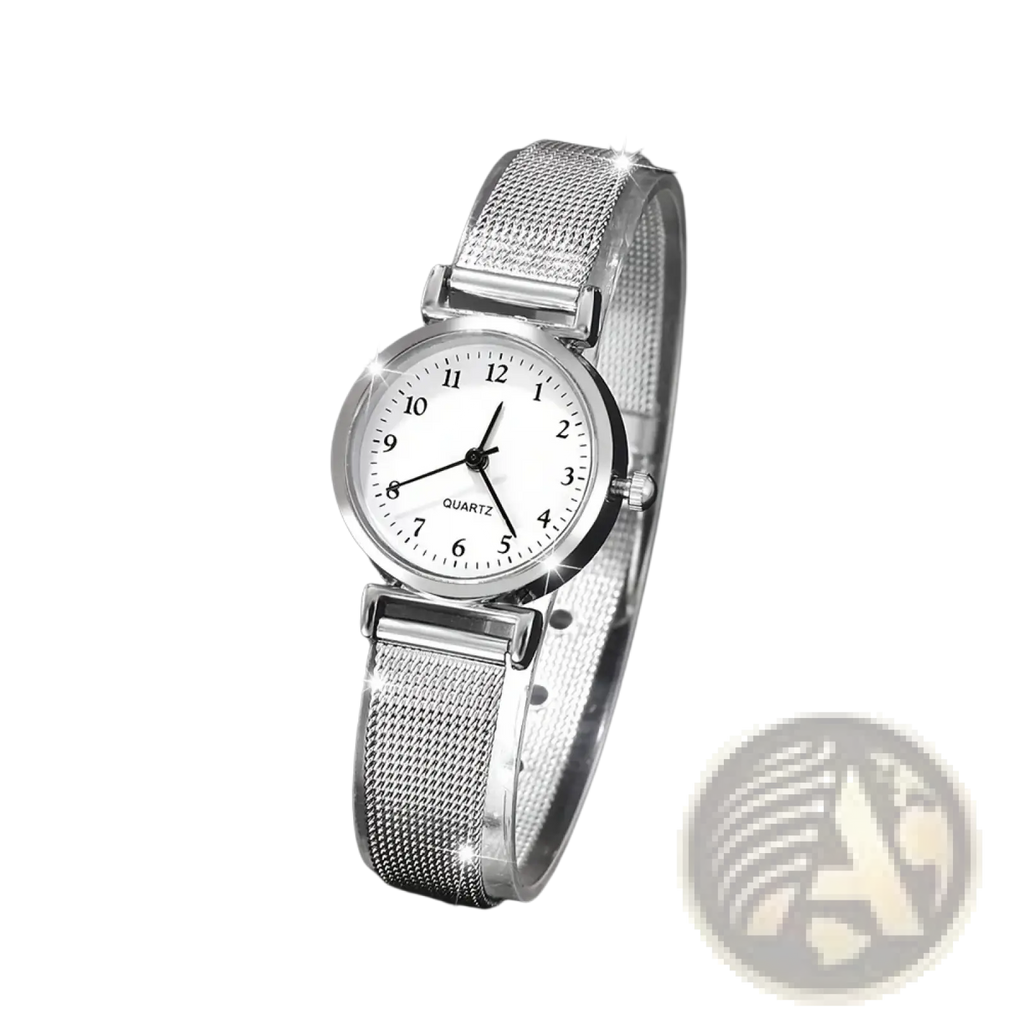 Silver mesh women quartz watch with a simple white dial and black numerals for elegant everyday wear