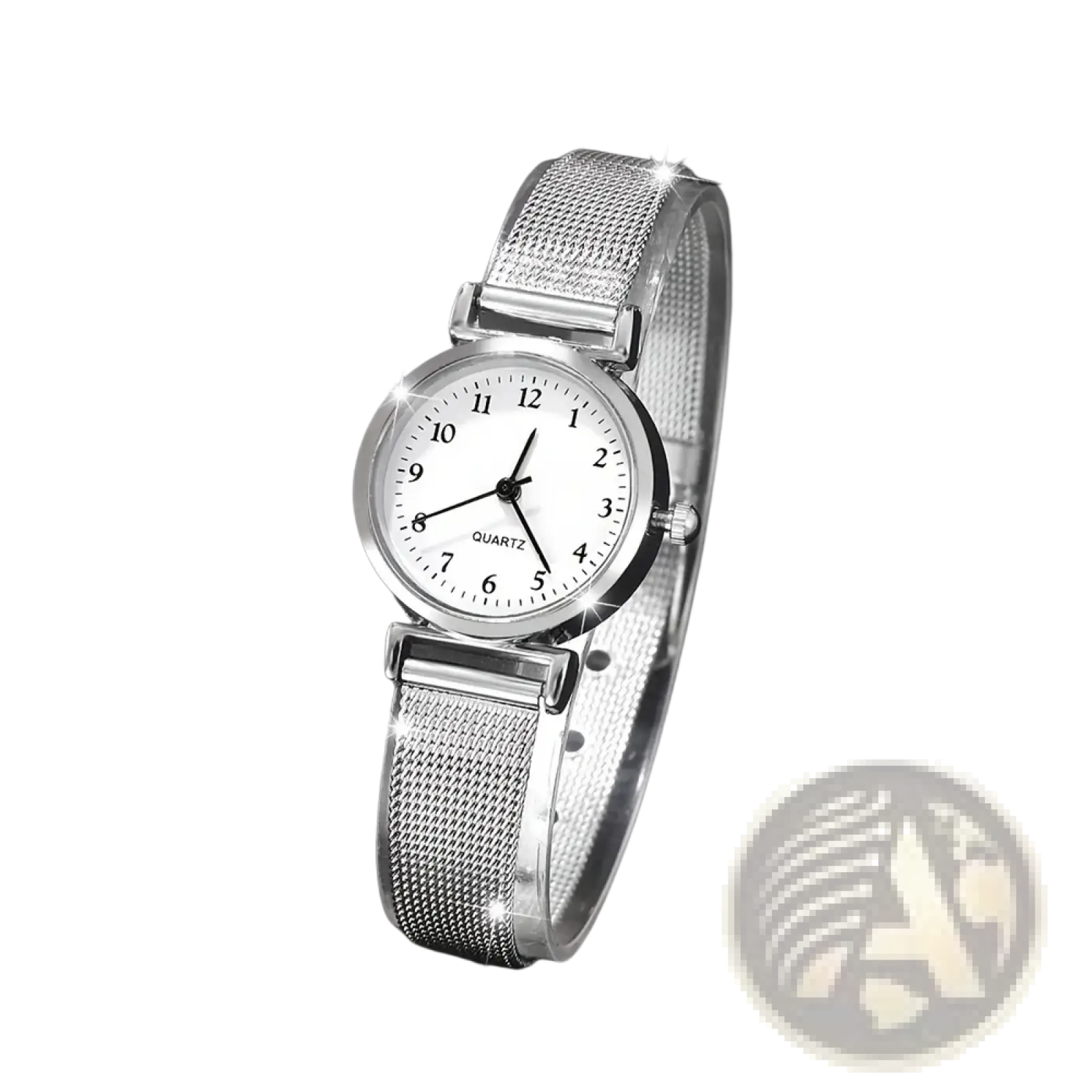Silver mesh women quartz watch with a simple white dial and black numerals for elegant everyday wear