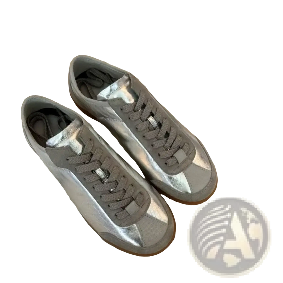 Silver metallic leather casual low-top sneakers with gray suede accents and gum rubber sole for everyday wear