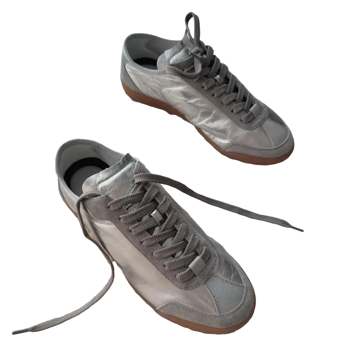 Silver metallic leather casual sneakers with gray laces and gum rubber sole for everyday wear