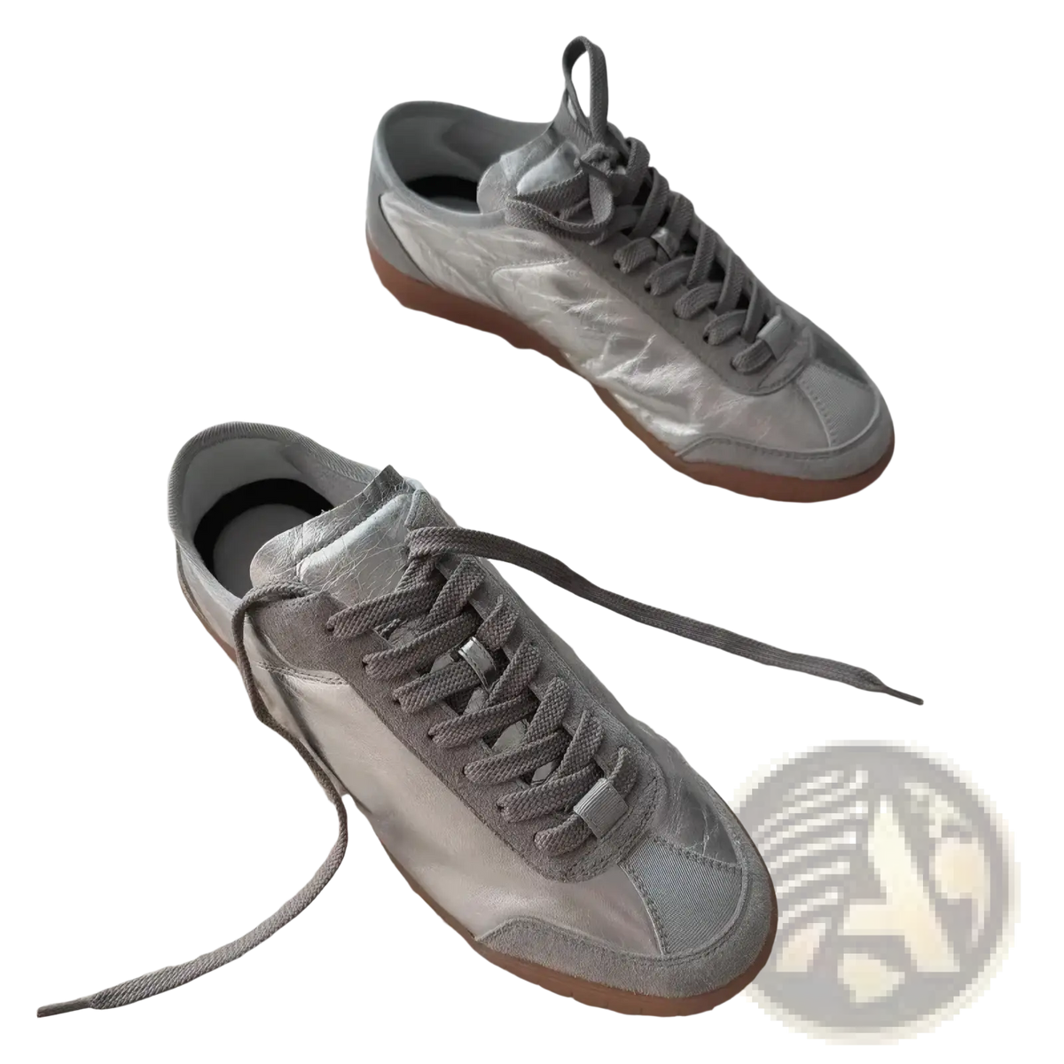 Silver metallic leather casual sneakers with gray laces and gum rubber sole for everyday wear