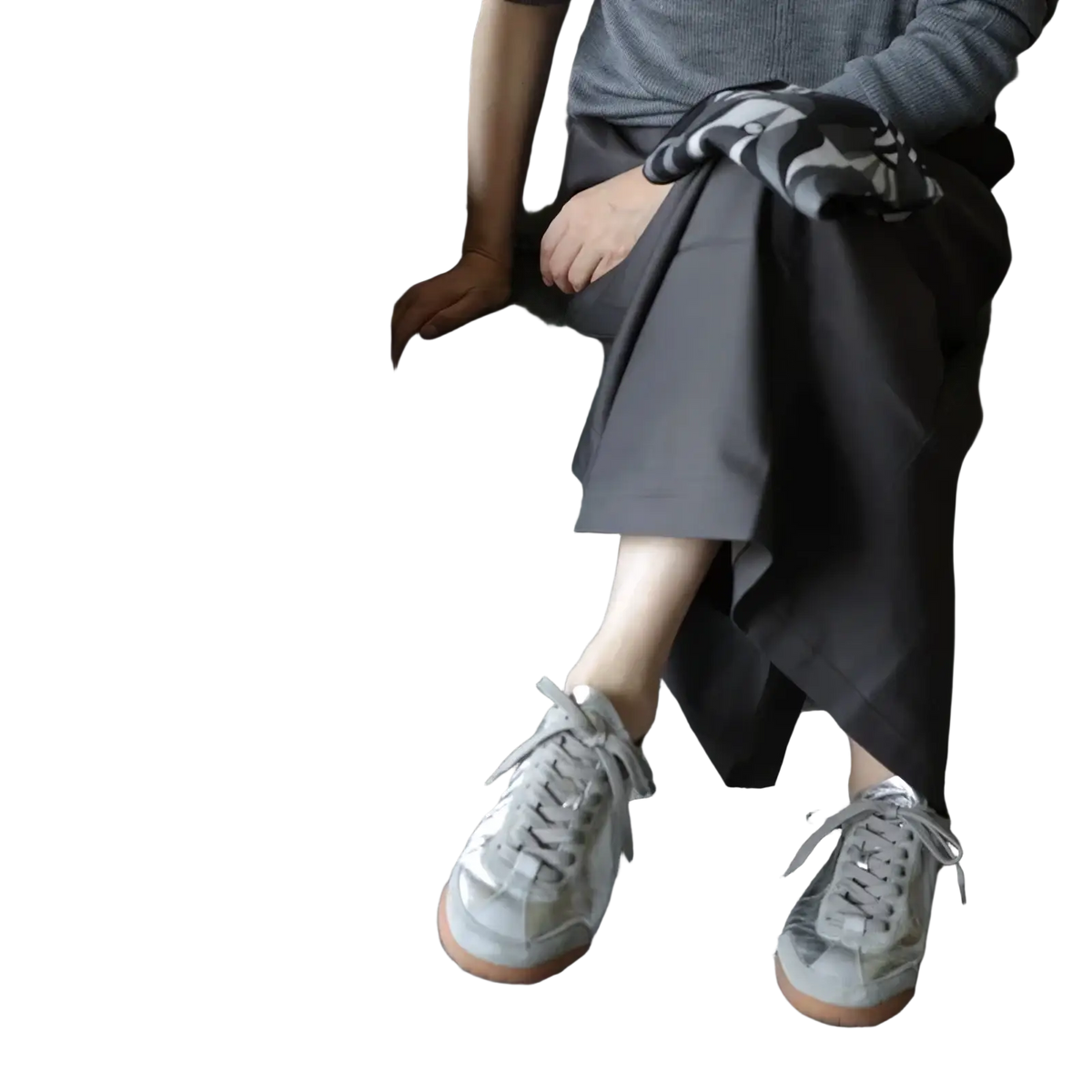 Gray suede casual sneakers with white laces and tan rubber sole from Silver Metallic Leather collection