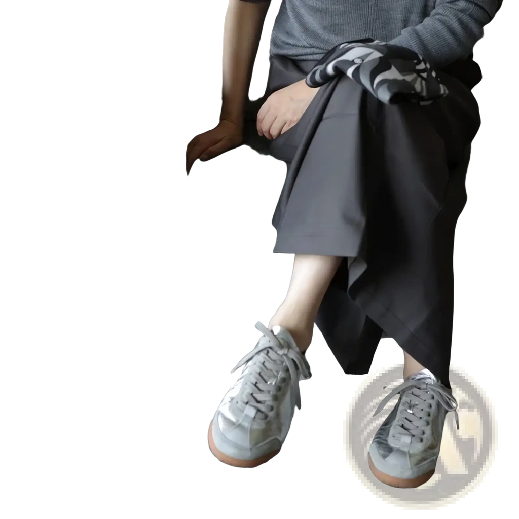 Gray suede casual sneakers with white laces and tan rubber sole from Silver Metallic Leather collection