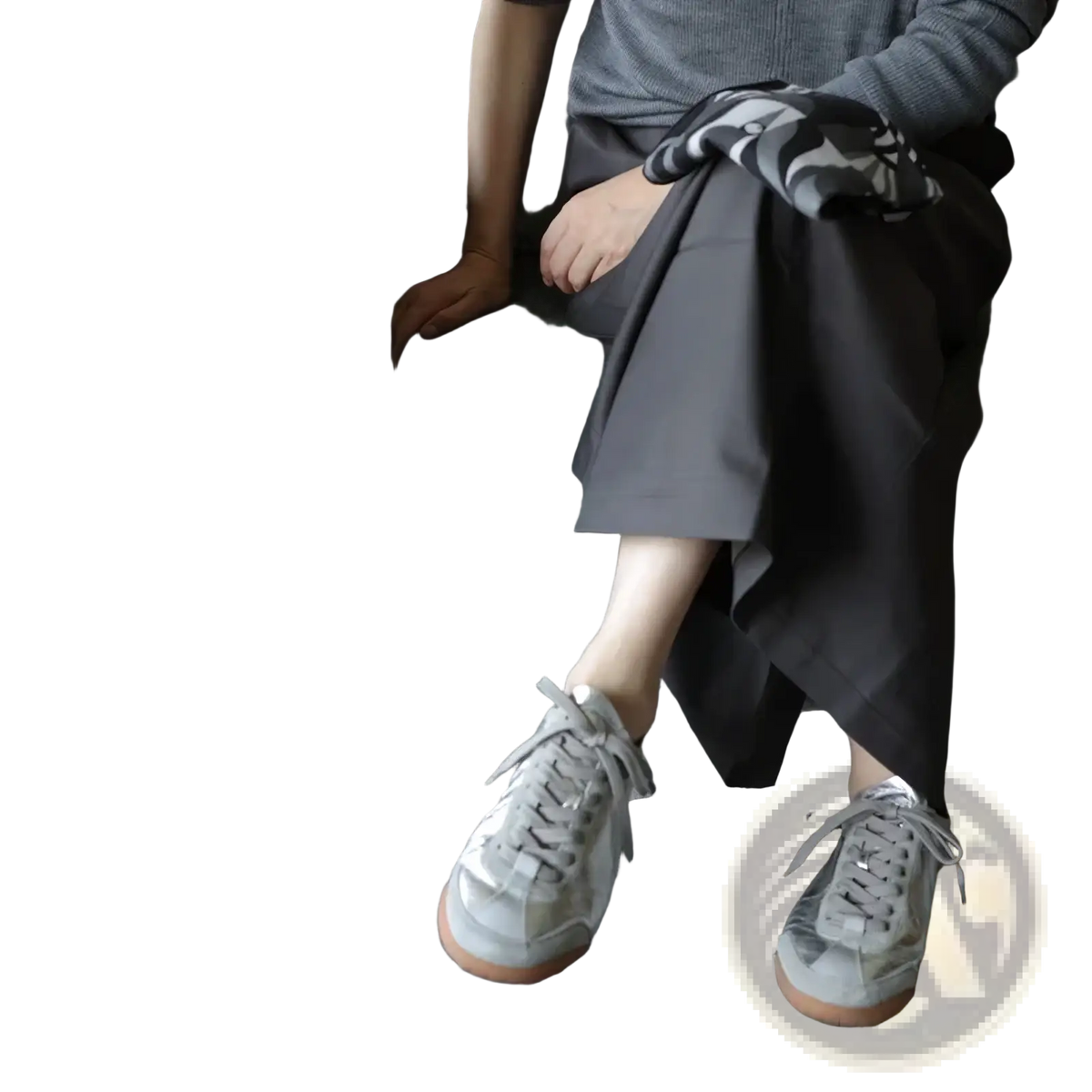 Gray suede casual sneakers with white laces and tan rubber sole from Silver Metallic Leather collection