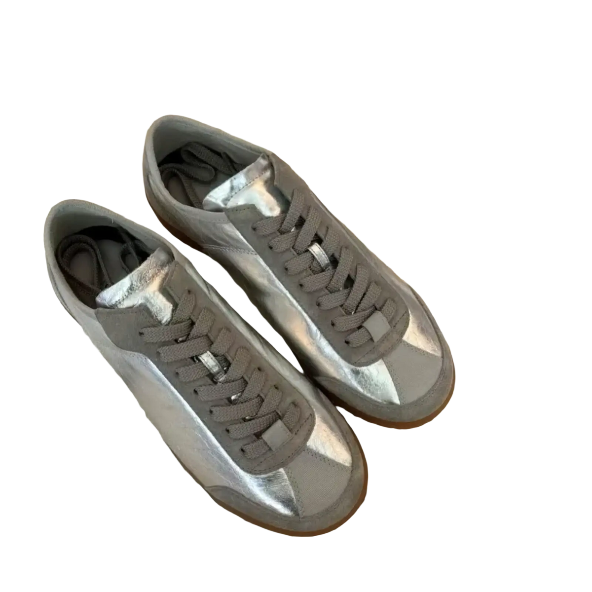 Silver metallic leather casual low-top sneakers with gray suede accents and gum rubber sole for everyday wear