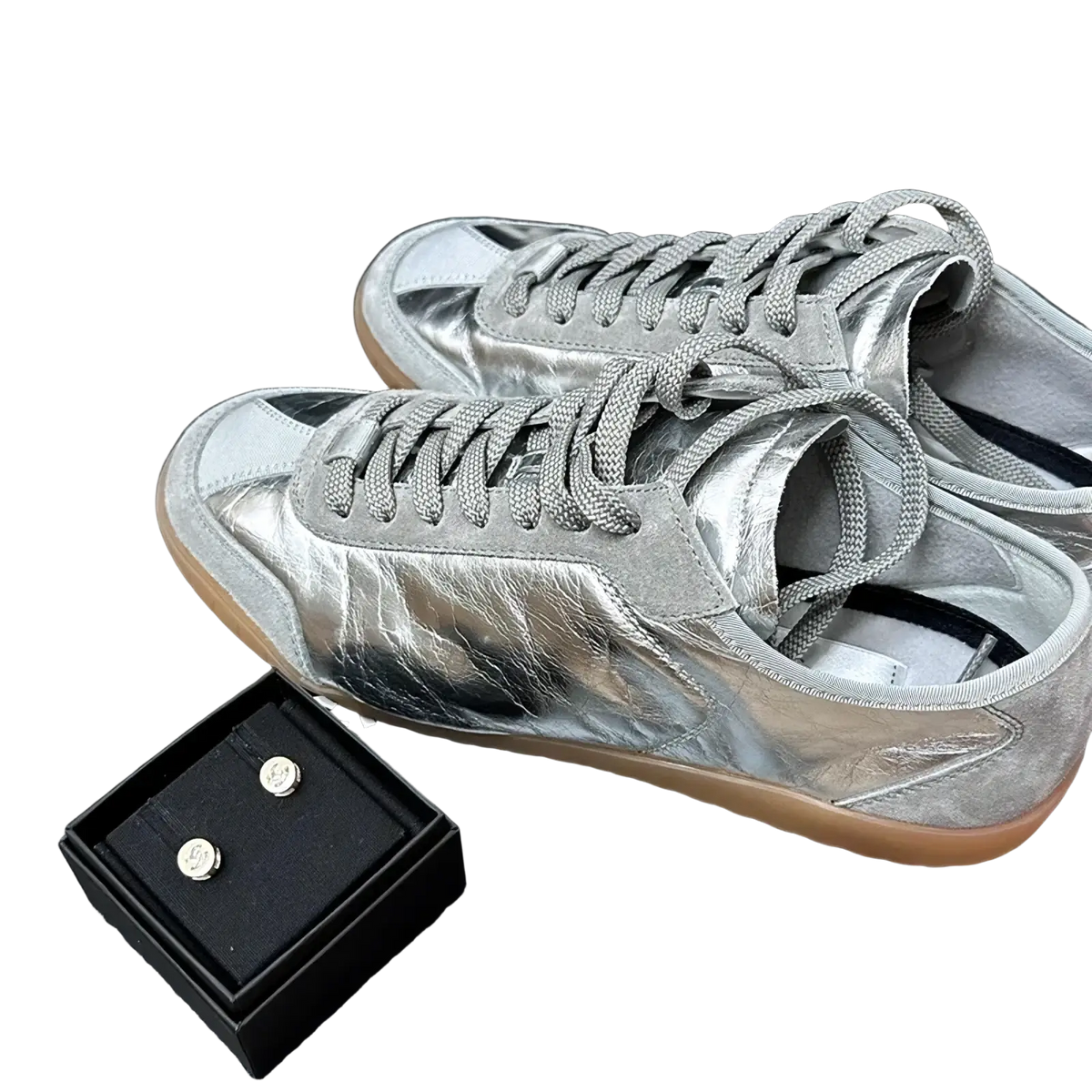 Silver metallic leather casual sneakers with shiny silver finish gray laces and tan rubber sole